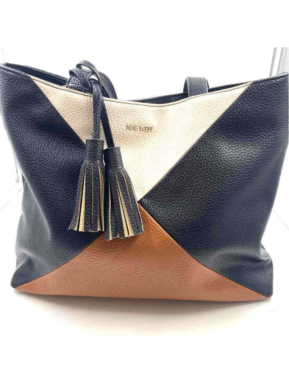 NINE WEST Black Brown & Ivory Pebble Vegan Leather Handled Tote Bag Purse